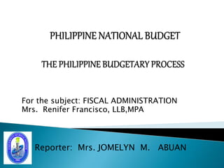 For the subject: FISCAL ADMINISTRATION 
Mrs. Renifer Francisco, LLB,MPA 
Reporter: Mrs. JOMELYN M. ABUAN 
 