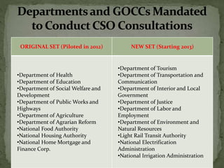 ORIGINAL SET (Piloted in 2012) NEW SET (Starting 2013)
•Department of Health
•Department of Education
•Department of Social Welfare and
Development
•Department of Public Works and
Highways
•Department of Agriculture
•Department of Agrarian Reform
•National Food Authority
•National Housing Authority
•National Home Mortgage and
Finance Corp.
•Department of Tourism
•Department of Transportation and
Communication
•Department of Interior and Local
Government
•Department of Justice
•Department of Labor and
Employment
•Department of Environment and
Natural Resources
•Light Rail Transit Authority
•National Electrification
Administration
•National Irrigation Administration
 