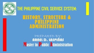THE PHILIPPINE CIVIL SERVICE SYSTEM:
HISTORY, STRUCTURE &
PHILIPPINE
ADMINISTRATION
PREPARED BY:
ARNEL D. LASPIÑAS
Master in Public Administration
 