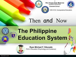 The Philippine
Education System
Ryan Michael F. Oducado
PhD in Education (Psychology and Guidance)
ODUCADO © 2015
Then and Now
CDV 610: Comparative Education
Graduate School
 