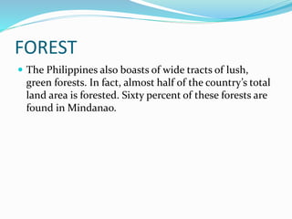 FOREST
 The Philippines also boasts of wide tracts of lush,
green forests. In fact, almost half of the country’s total
land area is forested. Sixty percent of these forests are
found in Mindanao.
 