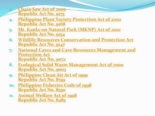 3. Chain Saw Act of 2002
Republic Act No. 9175
4. Philippine Plant Variety Protection Act of 2002
Republic Act No. 9168
5. Mt. Kanla-on Natural Park (MKNP) Act of 2001
Republic Act No. 9154
6. Wildlife Resources Conservation and Protection Act
Republic Act No. 9147
7. National Caves and Cave Resources Management and
Protection Act
Republic Act No. 9072
8. Ecological Solid Waste Management Act of 2000
Republic Act No. 9003
9. Philippine Clean Air Act of 1999
Republic Act No. 8749
10. Philippine Fisheries Code of 1998
Republic Act No. 8550
11. Animal Welfare Act of 1998
Republic Act No. 8485
 