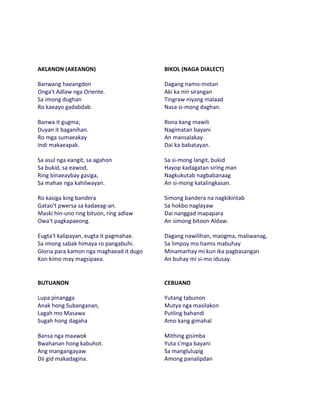 AKLANON (AKEANON)                        BIKOL (NAGA DIALECT)

Banwang haeangdon                        Dagang namo-motan
Onga't Adlaw nga Oriente.                Aki ka nin sirangan
Sa imong dughan                          Tingraw niyang malaad
Ro kaeayo gadabdab.                      Nasa si-mong daghan.

Banwa it gugma;                          Rona kang mawili
Duyan it baganihan.                      Nagimatan bayani
Ro mga sumaeakay                         An mansalakay
Indi makaeapak.                          Dai ka babatayan.

Sa asul nga eangit, sa agahon            Sa si-mong langit, bukid
Sa bukid, sa eawod,                      Hayop kadagatan siring man
Ring binaeaybay gasiga,                  Nagkukutab nagbabanaag
Sa mahae nga kahilwayan.                 An si-mong katalingkasan.

Ro kasiga king bandera                   Simong bandera na nagkikintab
Gatao't pwersa sa kadaeag-an.            Sa hokbo naglayaw
Maski hin-uno ring bituon, ring adlaw    Dai nanggad mapapara
Owa't pagkapaeong.                       An simong bitoon Aldaw.

Eugta't kalipayan, eugta it pagmahae.    Dagang nawilihan, maogma, maliwanag,
Sa imong sabak himaya ro pangabuhi.      Sa limpoy mo hamis mabuhay
Gloria para kamon nga maghaead it dugo   Minamarhay mi kun ika pagbasangan
Kon kimo may magsipaea.                  An buhay mi si-mo idusay.


BUTUANON                                 CEBUANO

Lupa pinangga                            Yutang tabunon
Anak hong Subanganan,                    Mutya nga masilakon
Lagah mo Masawa                          Putling bahandi
Sugah hong dagaha                        Amo kang gimahal

Bansa nga maawok                         Mithing gisimba
Bwahanan hong kabuhot.                   Yuta s'mga bayani
Ang mangangayaw                          Sa manglulupig
Dii gid makadagina.                      Among panalipdan
 
