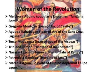 Women of the Revolution 
 Melchora Aquino (popularly known as “Tandang 
Sora” 
 Gregoria Montoya (joan of Arc of Cavite”) 
 Agueda Kahabagan (joan of Arc of the Sant Cruz, 
Laguna”); 
 Tersa Magbanua (joan of aec of the Visayas”) 
 Trinidad Tecson (“Mother of Biaknabato”) 
 Nazarai Lagos (“Florence Nightingale of Panay”) 
 Patronicia Gamboa (Heroine of jaro”) 
 Marcela Agoncillo (wife of Filipino doplomat Felipe 
agoncillo. 
 