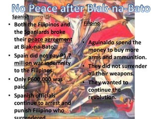 Spanish 
• Both the Filipinos and 
the Spaniards broke 
their peace agreement 
at Biak-na-Bato. 
• Spain did not pay P1.7 
million war indemnity 
to the Filipinos. 
• Only P600,000 was 
paid. 
• Spanish officials 
continue to arrest and 
punish Filipino who 
surrendered. 
Filipino 
• Aguinaldo spend the 
money to buy more 
arms and ammunition. 
• They did not surrender 
all their weapons. 
• They wanted to 
continue the 
revolution. 
