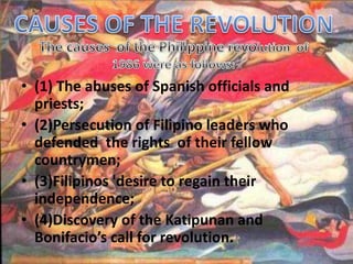 • (1) The abuses of Spanish officials and 
priests; 
• (2)Persecution of Filipino leaders who 
defended the rights of their fellow 
countrymen; 
• (3)Filipinos 'desire to regain their 
independence; 
• (4)Discovery of the Katipunan and 
Bonifacio’s call for revolution. 
 