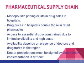 PHARMACEUTICAL SUPPLY CHAIN
• Monopolistic pricing exists in drug sales in
hospitals.
• Drug prices in hospitals double those in retail
pharmacies
• Access to essential drugs- constrained due to
limited availability and high costs
• Availability depends on presence of doctors and
drugstores in the region
• Doctor prescriptions must be signed by pharmacist-
implementation is difficult
 