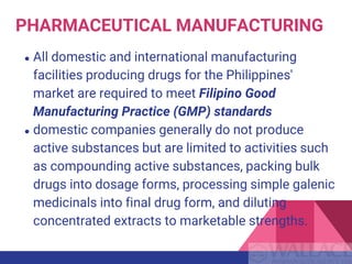 PHARMACEUTICAL MANUFACTURING
● All domestic and international manufacturing
facilities producing drugs for the Philippines'
market are required to meet Filipino Good
Manufacturing Practice (GMP) standards
● domestic companies generally do not produce
active substances but are limited to activities such
as compounding active substances, packing bulk
drugs into dosage forms, processing simple galenic
medicinals into final drug form, and diluting
concentrated extracts to marketable strengths.
 