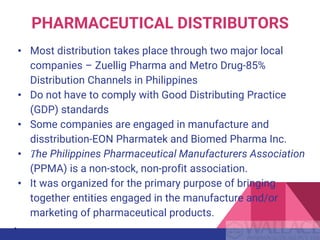 PHARMACEUTICAL DISTRIBUTORS
• Most distribution takes place through two major local
companies – Zuellig Pharma and Metro Drug-85%
Distribution Channels in Philippines
• Do not have to comply with Good Distributing Practice
(GDP) standards
• Some companies are engaged in manufacture and
disstribution-EON Pharmatek and Biomed Pharma Inc.
• The Philippines Pharmaceutical Manufacturers Association
(PPMA) is a non-stock, non-profit association.
• It was organized for the primary purpose of bringing
together entities engaged in the manufacture and/or
marketing of pharmaceutical products.
•
 