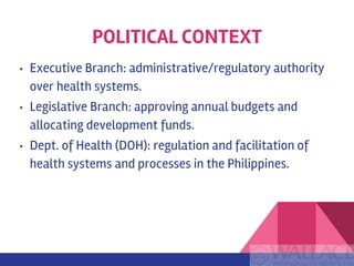 • Executive Branch: administrative/regulatory authority
over health systems.
• Legislative Branch: approving annual budgets and
allocating development funds.
• Dept. of Health (DOH): regulation and facilitation of
health systems and processes in the Philippines.
POLITICAL CONTEXT
 