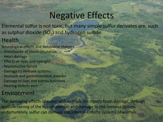 Negative Effects
Elemental sulfur is not toxic, but many simple sulfur derivates are, such
as sulphur dioxide (SO2) and hydrogen sulfide.

Health
Neurological effects and behavioral changes
- Disturbance of blood circulation
- Heart damage
- Effects on eyes and eyesight
- Reproductive failure
- Damage to immune systems
- Stomach and gastrointestinal disorder
- Damage to liver and kidney functions
- Hearing defects etch.

Environment
The damaging effects of sulfur with animals are mostly brain damage, through
malfunctioning of the hypothalamus, and damage to the nervous system.
Unfortunately, sulfur can damage the internal enzyme systems of animals.

 