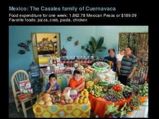 Mexico: The Casales family of Cuernavaca
Food expenditure for one week: 1,862.78 Mexican Pesos or $189.09
Favorite foods: pizza, crab, pasta, chicken
 