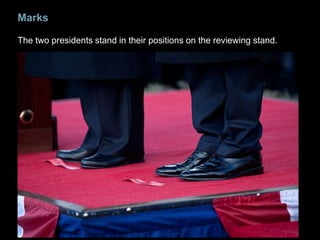 The Scene
 Your second photo should set the stage and
  describe the scene of your story.
 An overarching photo taken with a wide
  angle lens is often effective.
 