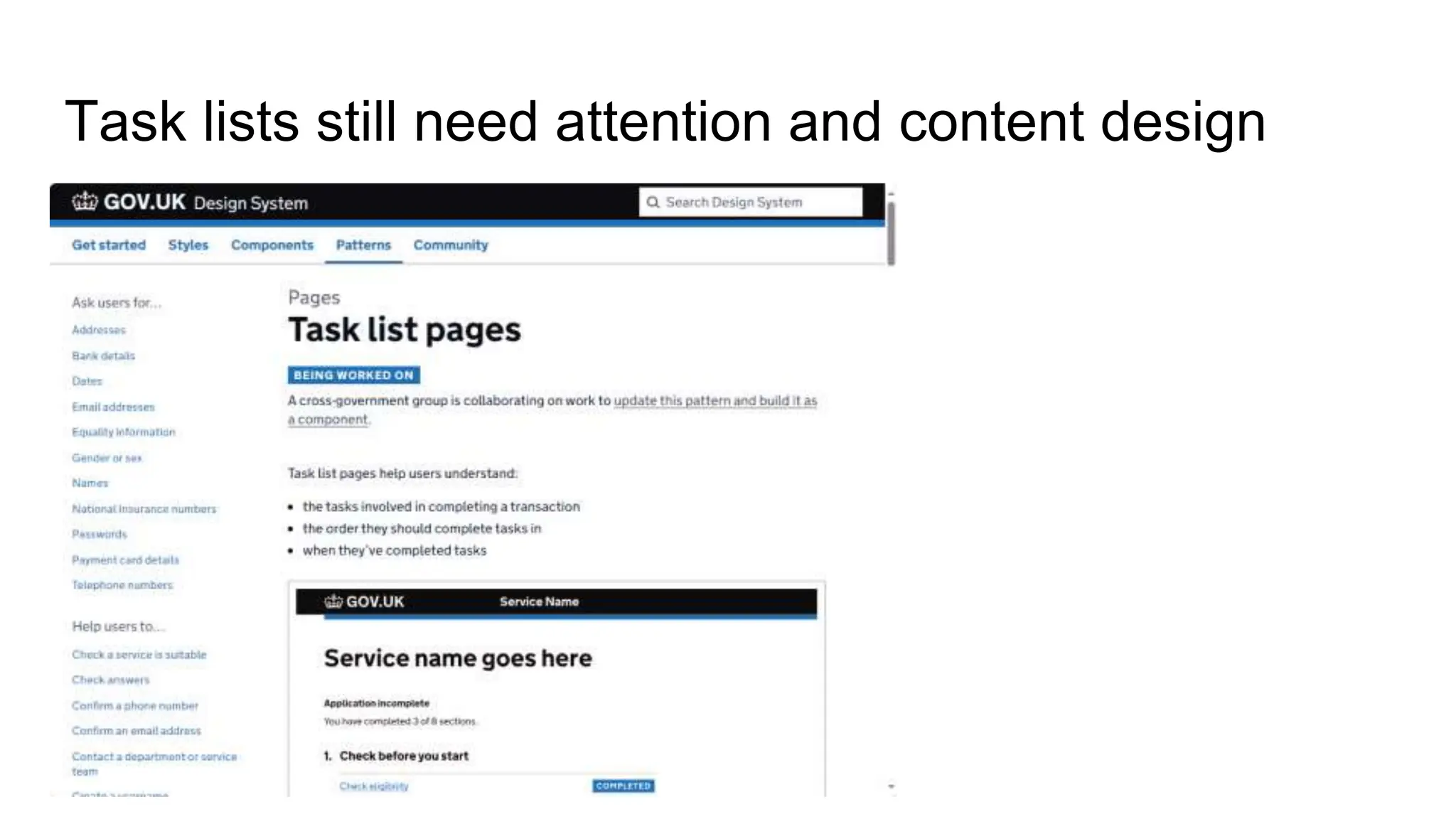 Task lists still need attention and content design
 