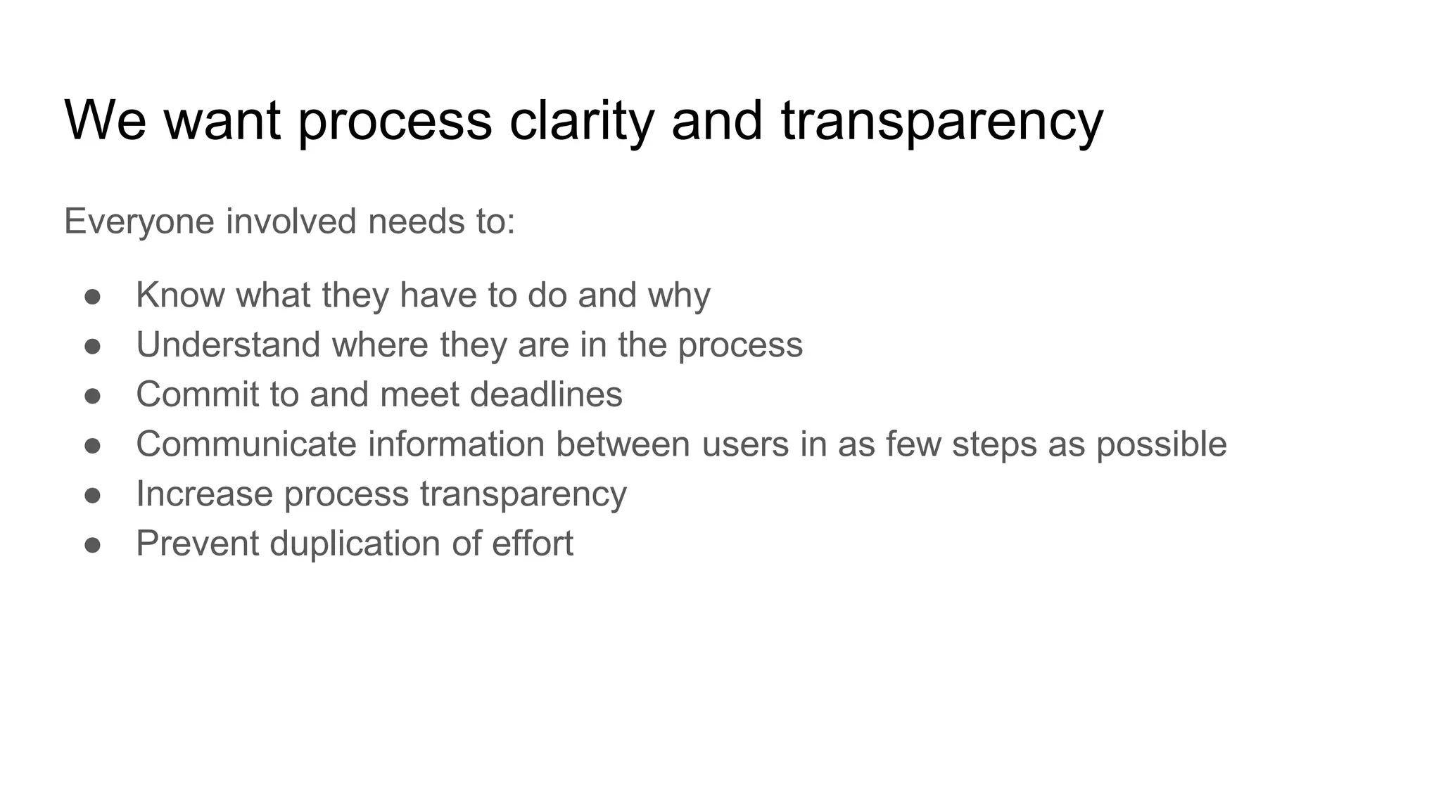 We want process clarity and transparency
Everyone involved needs to:
● Know what they have to do and why
● Understand where they are in the process
● Commit to and meet deadlines
● Communicate information between users in as few steps as possible
● Increase process transparency
● Prevent duplication of effort
 