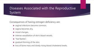 Diseases Associated with the Reproductive
System
Consequences of having estrogen deficiency are:
 vaginal infections become common,
 vagina becomes dry,
 mood changes,
 intense vasodilation of skin’s blood vessels,
 “hot flashes”,
 gradual thinning of the skin,
 loss of bone mass and slowly rising blood cholesterol levels.
 