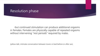 Resolution phase
-but continued stimulation can produce additional orgasms
in females. Females are physically capable of repeated orgasms
without intervening “rest periods” required by males.
(pillow talk; intimate conversation between lovers in bed before or after sex)
 