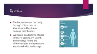 Syphilis
 The bacteria enter the body
through minor cuts or
abrasions in the skin or
mucous membranes.
 Syphilis is divided into stages
(primary, secondary, latent,
and tertiary). There are
different signs and symptoms
associated with each stage.
 