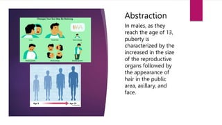 In males, as they
reach the age of 13,
puberty is
characterized by the
increased in the size
of the reproductive
organs followed by
the appearance of
hair in the public
area, axillary, and
face.
Abstraction
 