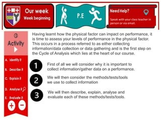 (01/06/2020)
(15/06/2020)
Mrs Shaw’s email
debbie.shaw@eastayrshire.org.uk
Speak with your class teacher in
person or via email.
Having learnt how the physical factor can impact on performance, it
is time to assess your levels of performance in the physical factor.
This occurs in a process referred to as either collecting
information/data collection or data gathering and is the first step on
the Cycle of Analysis which lies at the heart of our course.
First of all we will consider why it is important to
collect information/gather data on a performance.
We will then consider the methods/tests/tools
we use to collect information
We will then describe, explain, analyse and
evaluate each of these methods/tests/tools.
 