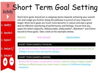 SHORT TERM EXAMPLE PHYSCIAL
By the end of today’s fartlek training session I want to have my heart rate at
155bpm at least twice during the session.
By the end of today’s visualisation session I want to clearly imagine myself
making an effective pass to a team mate in space In 3 different attacking
situations.
SHORT TERM EXAMPLE MENTAL
Short-term goals should act as stepping stones towards achieving your overall
aim and nudge you further along the pathway in pursuit of your long-term
target. Short-term goals are much more dynamic in nature and owe a great
deal to effective monitoring of performance and feelings. Ensure that you
apply the letters (S)pecific, (M)easurable, (A)djustable*, (R)ealistic* and (T)ime
bound to these goals. Take a look at the examples below.
SPECIFIC TIME BOUND MEASURABLE
Short Term Goal Setting
 