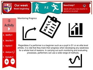 Regardless if a performer is a beginner such as a pupil in S1 or an elite level
athlete, it is vital that they track their progress when developing any weakness
for a whole host of reasons. In carrying out such monitoring and evaluating
processes, performers can use a wide range of methods.
Speak with your class teacher in
person or via email.
Monitoring Progress
 