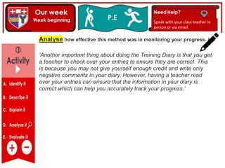 Speak with your class teacher in
person or via email.
Analyse how effective this method was in monitoring your progress. (4).
‘Another important thing about doing the Training Diary is that you get
a teacher to check over your entries to ensure they are correct. This
is because you may not give yourself enough credit and write only
negative comments in your diary. However, having a teacher read
over your entries can ensure that the information in your diary is
correct which can help you accurately track your progress.’
 