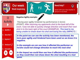 (01/06/2020)
(15/06/2020)
Mrs Shaw’s email
debbie.shaw@eastayrshire.org.uk
Speak with your class teacher in
person or via email.
Negative Agility example:
‘Having poor agility hindered my performance in tennis
(POINT). After returning my opponents shot to the back left of the
court, I was not able to quickly change direction and reach their next
shot in to the back right of the court (EXAMPLE). This lead to me
being unable to chase down his shot and losing the rally (IMPACT).’.
In the point we can see the activity has been mentioned, the
term poor agility and hindered have been used so we know it is
negative.
In the example we can see how it affected the performer as
he/she could not change direction to reach the next shot
In the impact we could then see how it affected the performance
as they could then not chase down the shot resulting in a lost
point.
 