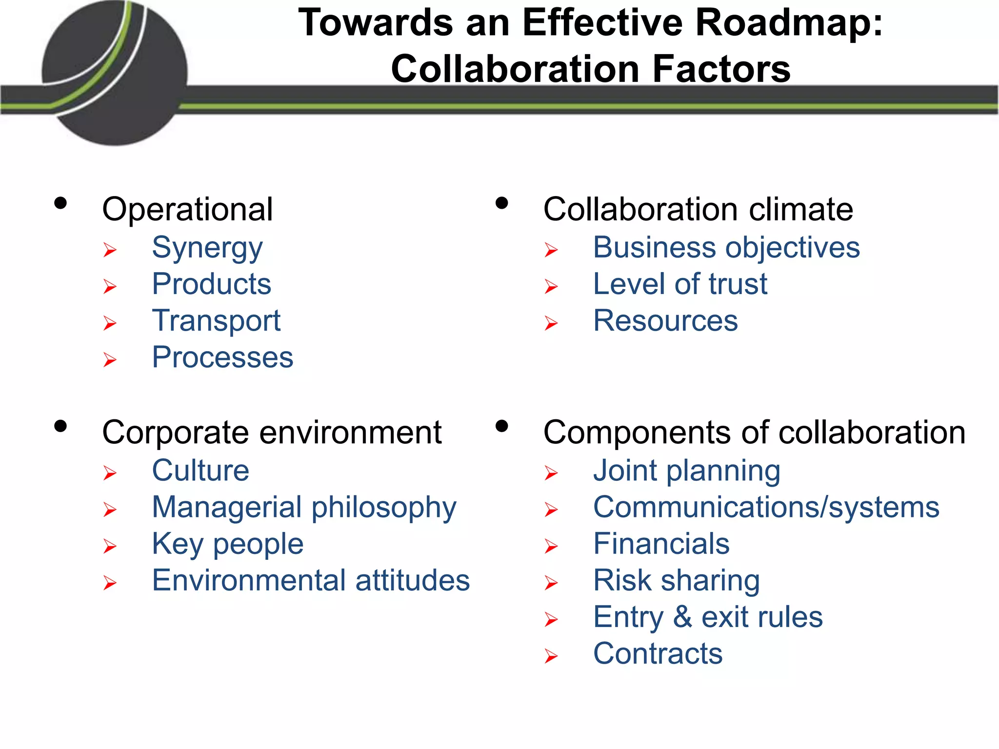 Towards an Effective Roadmap:
Collaboration Factors
• Operational
 Synergy
 Products
 Transport
 Processes
• Corporate environment
 Culture
 Managerial philosophy
 Key people
 Environmental attitudes
• Collaboration climate
 Business objectives
 Level of trust
 Resources
• Components of collaboration
 Joint planning
 Communications/systems
 Financials
 Risk sharing
 Entry & exit rules
 Contracts
 