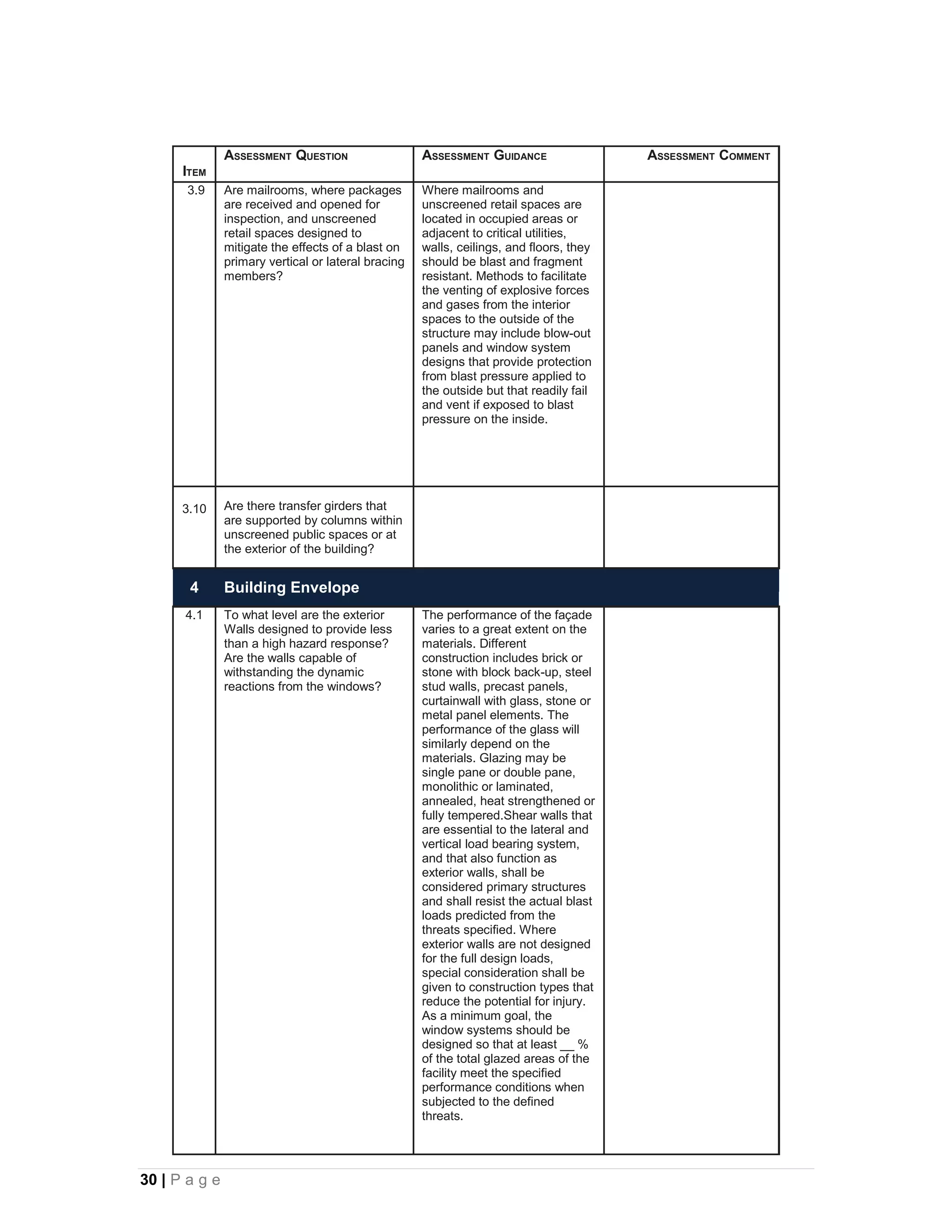 ASSESSMENT QUESTION                   ASSESSMENT GUIDANCE                 ASSESSMENT COMMENT
      ITEM
       3.9     Are mailrooms, where packages         Where mailrooms and
               are received and opened for           unscreened retail spaces are
               inspection, and unscreened            located in occupied areas or
               retail spaces designed to             adjacent to critical utilities,
               mitigate the effects of a blast on    walls, ceilings, and floors, they
               primary vertical or lateral bracing   should be blast and fragment
               members?                              resistant. Methods to facilitate
                                                     the venting of explosive forces
                                                     and gases from the interior
                                                     spaces to the outside of the
                                                     structure may include blow-out
                                                     panels and window system
                                                     designs that provide protection
                                                     from blast pressure applied to
                                                     the outside but that readily fail
                                                     and vent if exposed to blast
                                                     pressure on the inside.




      3.10     Are there transfer girders that
               are supported by columns within
               unscreened public spaces or at
               the exterior of the building?


       4       Building Envelope
      4.1      To what level are the exterior        The performance of the façade
               Walls designed to provide less        varies to a great extent on the
               than a high hazard response?          materials. Different
               Are the walls capable of              construction includes brick or
               withstanding the dynamic              stone with block back-up, steel
               reactions from the windows?           stud walls, precast panels,
                                                     curtainwall with glass, stone or
                                                     metal panel elements. The
                                                     performance of the glass will
                                                     similarly depend on the
                                                     materials. Glazing may be
                                                     single pane or double pane,
                                                     monolithic or laminated,
                                                     annealed, heat strengthened or
                                                     fully tempered.Shear walls that
                                                     are essential to the lateral and
                                                     vertical load bearing system,
                                                     and that also function as
                                                     exterior walls, shall be
                                                     considered primary structures
                                                     and shall resist the actual blast
                                                     loads predicted from the
                                                     threats specified. Where
                                                     exterior walls are not designed
                                                     for the full design loads,
                                                     special consideration shall be
                                                     given to construction types that
                                                     reduce the potential for injury.
                                                     As a minimum goal, the
                                                     window systems should be
                                                     designed so that at least __ %
                                                     of the total glazed areas of the
                                                     facility meet the specified
                                                     performance conditions when
                                                     subjected to the defined
                                                     threats.




30 | P a g e
 