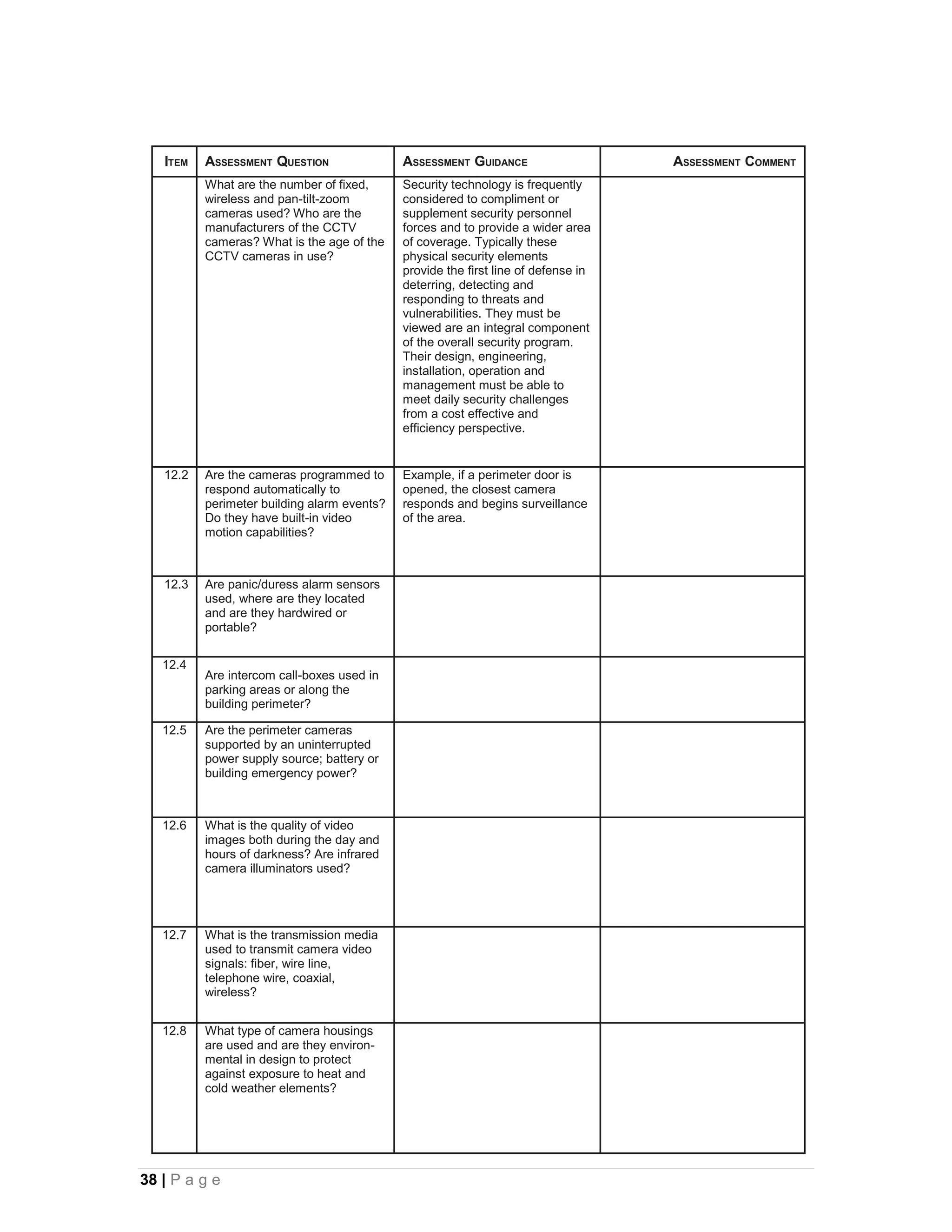 ITEM   ASSESSMENT QUESTION                ASSESSMENT GUIDANCE                    ASSESSMENT COMMENT
          What are the number of fixed,      Security technology is frequently
          wireless and pan-tilt-zoom         considered to compliment or
          cameras used? Who are the          supplement security personnel
          manufacturers of the CCTV          forces and to provide a wider area
          cameras? What is the age of the    of coverage. Typically these
          CCTV cameras in use?               physical security elements
                                             provide the first line of defense in
                                             deterring, detecting and
                                             responding to threats and
                                             vulnerabilities. They must be
                                             viewed are an integral component
                                             of the overall security program.
                                             Their design, engineering,
                                             installation, operation and
                                             management must be able to
                                             meet daily security challenges
                                             from a cost effective and
                                             efficiency perspective.


   12.2   Are the cameras programmed to      Example, if a perimeter door is
          respond automatically to           opened, the closest camera
          perimeter building alarm events?   responds and begins surveillance
          Do they have built-in video        of the area.
          motion capabilities?



   12.3   Are panic/duress alarm sensors
          used, where are they located
          and are they hardwired or
          portable?


   12.4
          Are intercom call-boxes used in
          parking areas or along the
          building perimeter?

   12.5   Are the perimeter cameras
          supported by an uninterrupted
          power supply source; battery or
          building emergency power?



   12.6   What is the quality of video
          images both during the day and
          hours of darkness? Are infrared
          camera illuminators used?




   12.7   What is the transmission media
          used to transmit camera video
          signals: fiber, wire line,
          telephone wire, coaxial,
          wireless?


   12.8   What type of camera housings
          are used and are they environ-
          mental in design to protect
          against exposure to heat and
          cold weather elements?




38 | P a g e
 