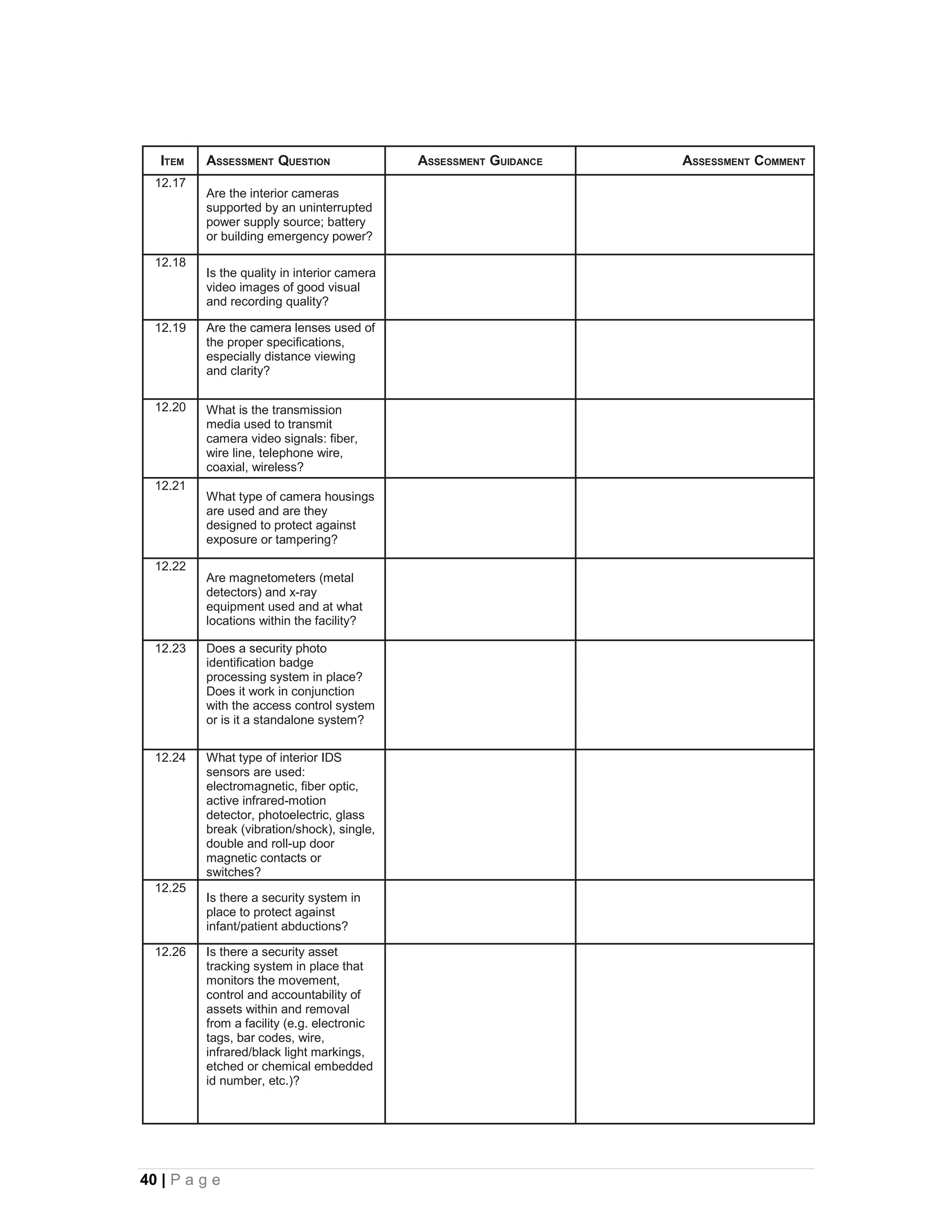 ITEM   ASSESSMENT QUESTION                 ASSESSMENT GUIDANCE   ASSESSMENT COMMENT
  12.17
          Are the interior cameras
          supported by an uninterrupted
          power supply source; battery
          or building emergency power?

  12.18
          Is the quality in interior camera
          video images of good visual
          and recording quality?

  12.19   Are the camera lenses used of
          the proper specifications,
          especially distance viewing
          and clarity?

  12.20   What is the transmission
          media used to transmit
          camera video signals: fiber,
          wire line, telephone wire,
          coaxial, wireless?
  12.21
          What type of camera housings
          are used and are they
          designed to protect against
          exposure or tampering?

  12.22
          Are magnetometers (metal
          detectors) and x-ray
          equipment used and at what
          locations within the facility?

  12.23   Does a security photo
          identification badge
          processing system in place?
          Does it work in conjunction
          with the access control system
          or is it a standalone system?


  12.24   What type of interior IDS
          sensors are used:
          electromagnetic, fiber optic,
          active infrared-motion
          detector, photoelectric, glass
          break (vibration/shock), single,
          double and roll-up door
          magnetic contacts or
          switches?
  12.25
          Is there a security system in
          place to protect against
          infant/patient abductions?

  12.26   Is there a security asset
          tracking system in place that
          monitors the movement,
          control and accountability of
          assets within and removal
          from a facility (e.g. electronic
          tags, bar codes, wire,
          infrared/black light markings,
          etched or chemical embedded
          id number, etc.)?




40 | P a g e
 