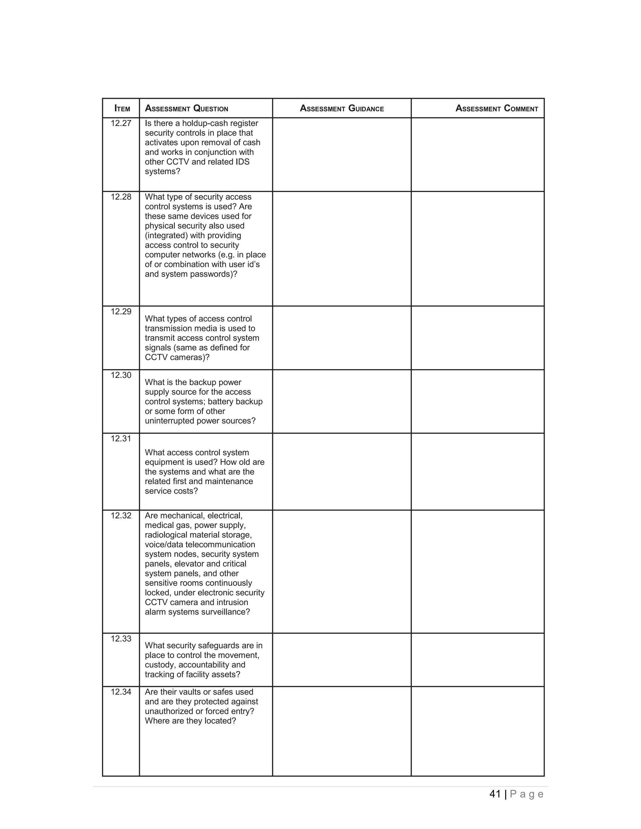 ITEM    ASSESSMENT QUESTION                 ASSESSMENT GUIDANCE   ASSESSMENT COMMENT
12.27   Is there a holdup-cash register
        security controls in place that
        activates upon removal of cash
        and works in conjunction with
        other CCTV and related IDS
        systems?


12.28   What type of security access
        control systems is used? Are
        these same devices used for
        physical security also used
        (integrated) with providing
        access control to security
        computer networks (e.g. in place
        of or combination with user id’s
        and system passwords)?



12.29
        What types of access control
        transmission media is used to
        transmit access control system
        signals (same as defined for
        CCTV cameras)?

12.30
        What is the backup power
        supply source for the access
        control systems; battery backup
        or some form of other
        uninterrupted power sources?

12.31
        What access control system
        equipment is used? How old are
        the systems and what are the
        related first and maintenance
        service costs?

12.32   Are mechanical, electrical,
        medical gas, power supply,
        radiological material storage,
        voice/data telecommunication
        system nodes, security system
        panels, elevator and critical
        system panels, and other
        sensitive rooms continuously
        locked, under electronic security
        CCTV camera and intrusion
        alarm systems surveillance?


12.33
        What security safeguards are in
        place to control the movement,
        custody, accountability and
        tracking of facility assets?

12.34   Are their vaults or safes used
        and are they protected against
        unauthorized or forced entry?
        Where are they located?




                                                                         41 | P a g e
 