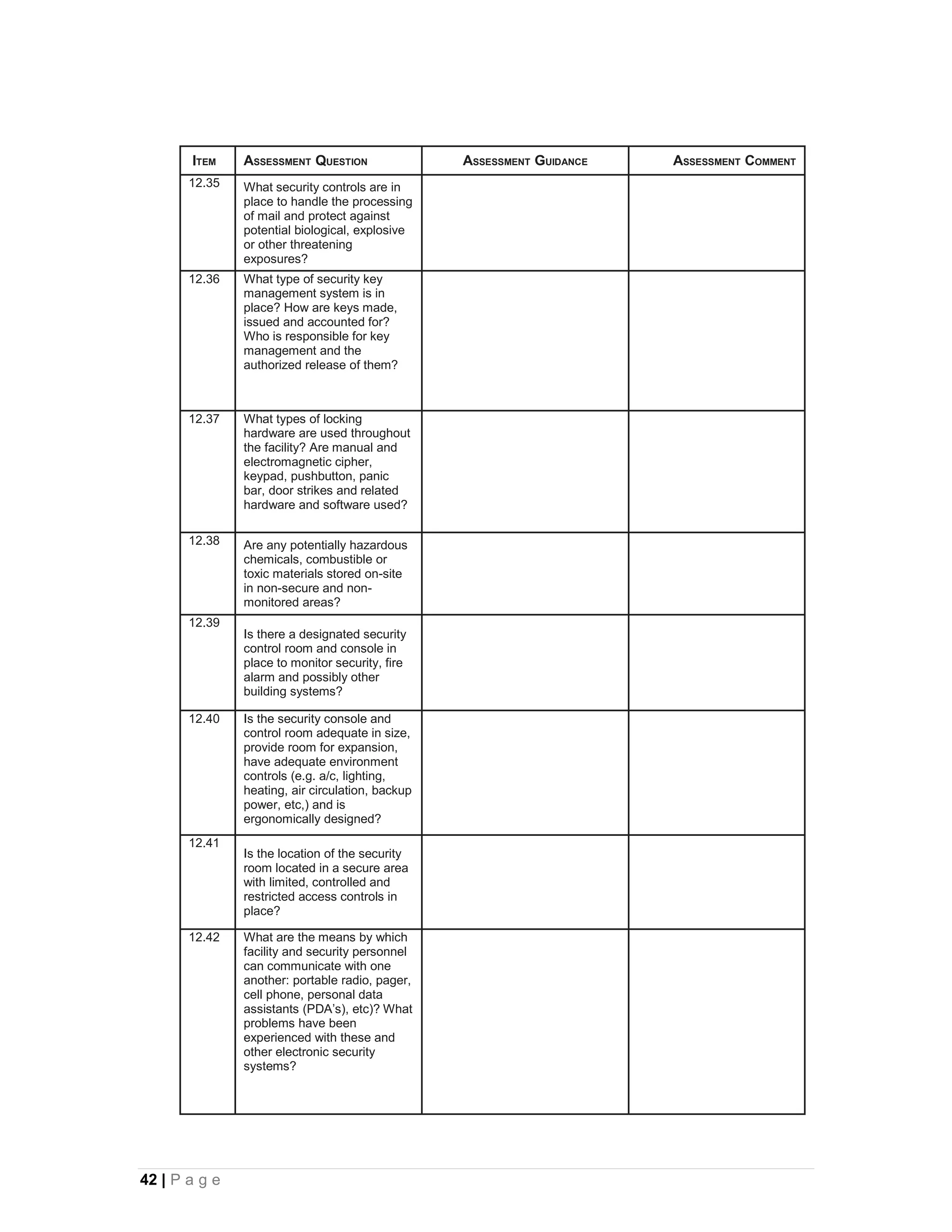 ITEM    ASSESSMENT QUESTION                ASSESSMENT GUIDANCE   ASSESSMENT COMMENT
       12.35   What security controls are in
               place to handle the processing
               of mail and protect against
               potential biological, explosive
               or other threatening
               exposures?
       12.36   What type of security key
               management system is in
               place? How are keys made,
               issued and accounted for?
               Who is responsible for key
               management and the
               authorized release of them?



       12.37   What types of locking
               hardware are used throughout
               the facility? Are manual and
               electromagnetic cipher,
               keypad, pushbutton, panic
               bar, door strikes and related
               hardware and software used?

       12.38   Are any potentially hazardous
               chemicals, combustible or
               toxic materials stored on-site
               in non-secure and non-
               monitored areas?
       12.39
               Is there a designated security
               control room and console in
               place to monitor security, fire
               alarm and possibly other
               building systems?

       12.40   Is the security console and
               control room adequate in size,
               provide room for expansion,
               have adequate environment
               controls (e.g. a/c, lighting,
               heating, air circulation, backup
               power, etc,) and is
               ergonomically designed?
       12.41
               Is the location of the security
               room located in a secure area
               with limited, controlled and
               restricted access controls in
               place?

       12.42   What are the means by which
               facility and security personnel
               can communicate with one
               another: portable radio, pager,
               cell phone, personal data
               assistants (PDA’s), etc)? What
               problems have been
               experienced with these and
               other electronic security
               systems?




42 | P a g e
 