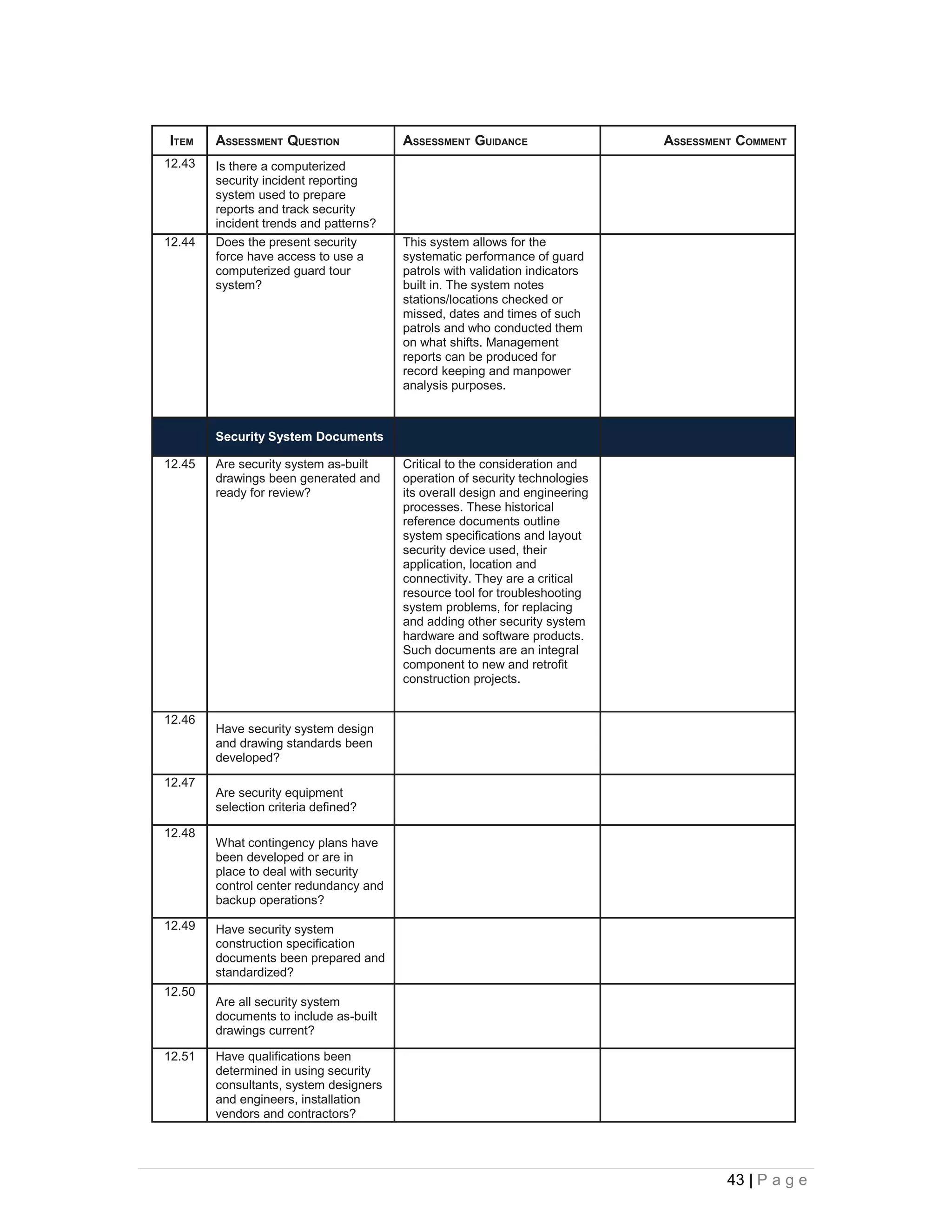 ITEM    ASSESSMENT QUESTION             ASSESSMENT GUIDANCE                  ASSESSMENT COMMENT
12.43   Is there a computerized
        security incident reporting
        system used to prepare
        reports and track security
        incident trends and patterns?
12.44   Does the present security       This system allows for the
        force have access to use a      systematic performance of guard
        computerized guard tour         patrols with validation indicators
        system?                         built in. The system notes
                                        stations/locations checked or
                                        missed, dates and times of such
                                        patrols and who conducted them
                                        on what shifts. Management
                                        reports can be produced for
                                        record keeping and manpower
                                        analysis purposes.



        Security System Documents

12.45   Are security system as-built    Critical to the consideration and
        drawings been generated and     operation of security technologies
        ready for review?               its overall design and engineering
                                        processes. These historical
                                        reference documents outline
                                        system specifications and layout
                                        security device used, their
                                        application, location and
                                        connectivity. They are a critical
                                        resource tool for troubleshooting
                                        system problems, for replacing
                                        and adding other security system
                                        hardware and software products.
                                        Such documents are an integral
                                        component to new and retrofit
                                        construction projects.


12.46
        Have security system design
        and drawing standards been
        developed?
12.47
        Are security equipment
        selection criteria defined?

12.48
        What contingency plans have
        been developed or are in
        place to deal with security
        control center redundancy and
        backup operations?

12.49   Have security system
        construction specification
        documents been prepared and
        standardized?
12.50
        Are all security system
        documents to include as-built
        drawings current?

12.51   Have qualifications been
        determined in using security
        consultants, system designers
        and engineers, installation
        vendors and contractors?




                                                                                      43 | P a g e
 