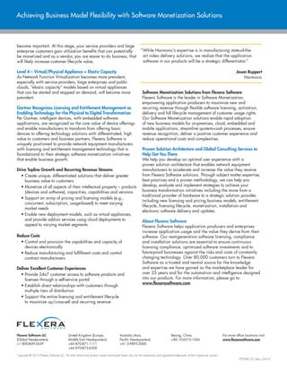 Flexera Software LLC
(Global Headquarters):
+1 800-809-5659
United Kingdom (Europe,
Middle East Headquarters):
+44 870-871-1111
+44 870-873-6300
Australia (Asia,
Pacific Headquarters):
+61 3-9895-2000
Beijing, China:
+86 10-6510-1566
For more office locations visit:
www.flexerasoftware.com
Copyright © 2014 Flexera Software LLC. All other brand and product names mentioned herein may be the trademarks and registered trademarks of their respective owners.
FPS-IDM_DS_Telco_Oct14
Achieving Business Model Flexibility with Software Monetization Solutions
become important. At this stage, your service providers and large
enterprise customers gain utilization benefits that can potentially
be monetized and as a vendor, you are easier to do business, that
will likely increase customer lifecycle value.
Level 4 – Virtual/Physical Appliance + Elastic Capacity
As Network Function Virtualization becomes more prevalent,
especially with service providers, large enterprises and public
clouds, “elastic capacity” models based on virtual appliances
that can be started and stopped on demand, will become more
prevalent.
Gartner Recognizes Licensing and Entitlement Management as
Enabling Technology for the Physical to Digital Transformation
Per Gartner, intelligent devices, with embedded software
applications, are recognized as the core value of device offerings
and enable manufacturers to transform from offering basic
devices to offering technology solutions with differentiated, high
value to customers and business partners. Flexera Software is
uniquely positioned to provide network equipment manufacturers
with licensing and entitlement management technology that is
foundational to their strategic software monetization initiatives
that enable business growth.
Drive Topline Growth and Recurring Revenue Streams
• Create unique, differentiated solutions that deliver greater
business value to customers
• Monetize of all aspects of their intellectual property – products
(devices and software), capacities, capabilities and versions
• Support an array of pricing and licensing models (e.g.,
concurrent, subscription, usage-based) to meet varying
market needs
• Enable new deployment models, such as virtual appliances,
and provide add-on services using cloud deployments to
appeal to varying market segments
Reduce Costs
• Control and provision the capabilities and capacity of
devices electronically
• Reduce manufacturing and fulfillment costs and control
contract manufacturers
Deliver Excellent Customer Experiences
• Provide 24x7 customer access to software products and
licenses through a self-service portal
• Establish direct relationships with customers through
multiple tiers of distribution
• Support the entire licensing and entitlement lifecycle
to maximize up/cross-sell and recurring revenue
Software Monetization Solutions from Flexera Software
Flexera Software is the leader in Software Monetization,
empowering application producers to maximize new and
recurring revenue through flexible software licensing, activation,
delivery and full lifecycle management of customer usage rights.
Our Software Monetization solutions enable rapid adoption
of new business models for on-premises, cloud, embedded and
mobile applications, streamline quote-to-cash processes, ensure
revenue recognition, deliver a positive customer experience and
reduce operational costs and complexities.
Proven Solution Architecture and Global Consulting Services to
Help Get You There
We help you develop an optimal user experience with a
proven solution architecture that enables network equipment
manufacturers to accelerate and increase the value they receive
from Flexera Software solutions. Through subject matter expertise,
best practices and a proven methodology, we can help you
develop, evaluate and implement strategies to achieve your
business transformation initiatives including the move from a
traditional provider of hardware to a strategic solution provider,
including new licensing and pricing business models, entitlement
lifecycle, licensing lifecycle, monetization, installation and
electronic software delivery and updates.
About Flexera Software
Flexera Software helps application producers and enterprises
increase application usage and the value they derive from their
software. Our next-generation software licensing, compliance
and installation solutions are essential to ensure continuous
licensing compliance, optimized software investments and to
future-proof businesses against the risks and costs of constantly
changing technology. Over 80,000 customers turn to Flexera
Software as a trusted and neutral source for the knowledge
and expertise we have gained as the marketplace leader for
over 25 years and for the automation and intelligence designed
into our products. For more information, please go to:
www.flexerasoftware.com
“While Harmonic’s expertise is in manufacturing state-of-the-
art video delivery solutions, we realize that the application
software in our products will be a strategic differentiator.”
Jason Ruppert
Harmonic
 