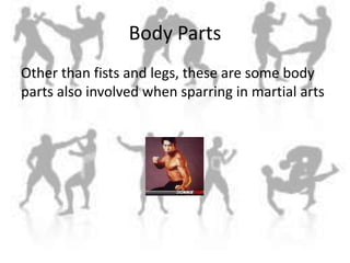 Body Parts<br />Other than fists and legs, these are some body parts also involved when sparring in martial arts<br />
