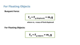 For Floating Objects
Buoyant Force:
For Floating Objects:
FB = Fg (displaced) = mf g
FB = Fg (object) = mo g
where mf = mass of fluid displaced
 