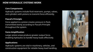 HOW HYDRAULIC SYSTEMS WORK
Core Components
Hydraulic systems include fluid reservoirs, pumps, valves,
and cylinders with pistons to transmit force efficiently.
Pascal’s Principle
Force applied to a piston creates pressure in fluid,
transmitted evenly according to Pascal’s Principle
throughout the system.
Force Amplification
Larger piston areas produce greater output force,
enabling hydraulics to handle heavy loads effectively.
Applications
Hydraulic systems are vital in machinery, vehicles, and
construction equipment for reliable heavy load handling.
 