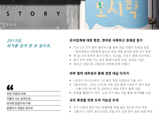 S

T

O

R

2013년,
위기를 넘겨 한 보 앞으로.

Y

요식업계에 대한 편견, 번아웃 극복하고 정체성 찾기


지난 2년 간의 행보 돌아보기를 통해 창업 모델의 유효성 점검

- 연세대학교 대학원에 청소년 창업 경험 분석에 관한 연구 발주


한 달 간의 파격적 휴지기(휴가, 워크숍, 자전거 갱생 프로젝트)



동기 부여 위해 지난 성과 분배(수당제 도입, 성과급 지급)



청소년 신입사원 고용으로 선후배 문화 만들기

외부 협력 네트워크 통해 경영 내실 다지기

“



<오요리 아시아>에서 1년 동안 경영 컨설팅과 기술 전수



<동네부엌>, <코노니아>와 자원 공유 통해 시설투자 경비 절감
- 기물·인력·레시피 등 공유하고 대량 주문시 협력 작업

착한 마음에 더해



더불어 사는 능력으로,

규모 확장을 위한 도약 가능성 모색

판촉물·홈페이지 제작, 고급·저가 메뉴 개발 통해 재구매율 신장

정직한 밥벌이에 더해
발랄하고 괜찮은 일터로.



추가 고용과 생산 라인 효율화를 위해 넓은 장소로 이전 예정



소풍가는 고양이 청소년자립 모델 전수 요청 받아 일본 방문 예정

 