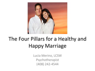 The Four Pillars for a Healthy and Happy Marriage Lucia Merino, LCSW Psychotherapist (408) 242-4544 