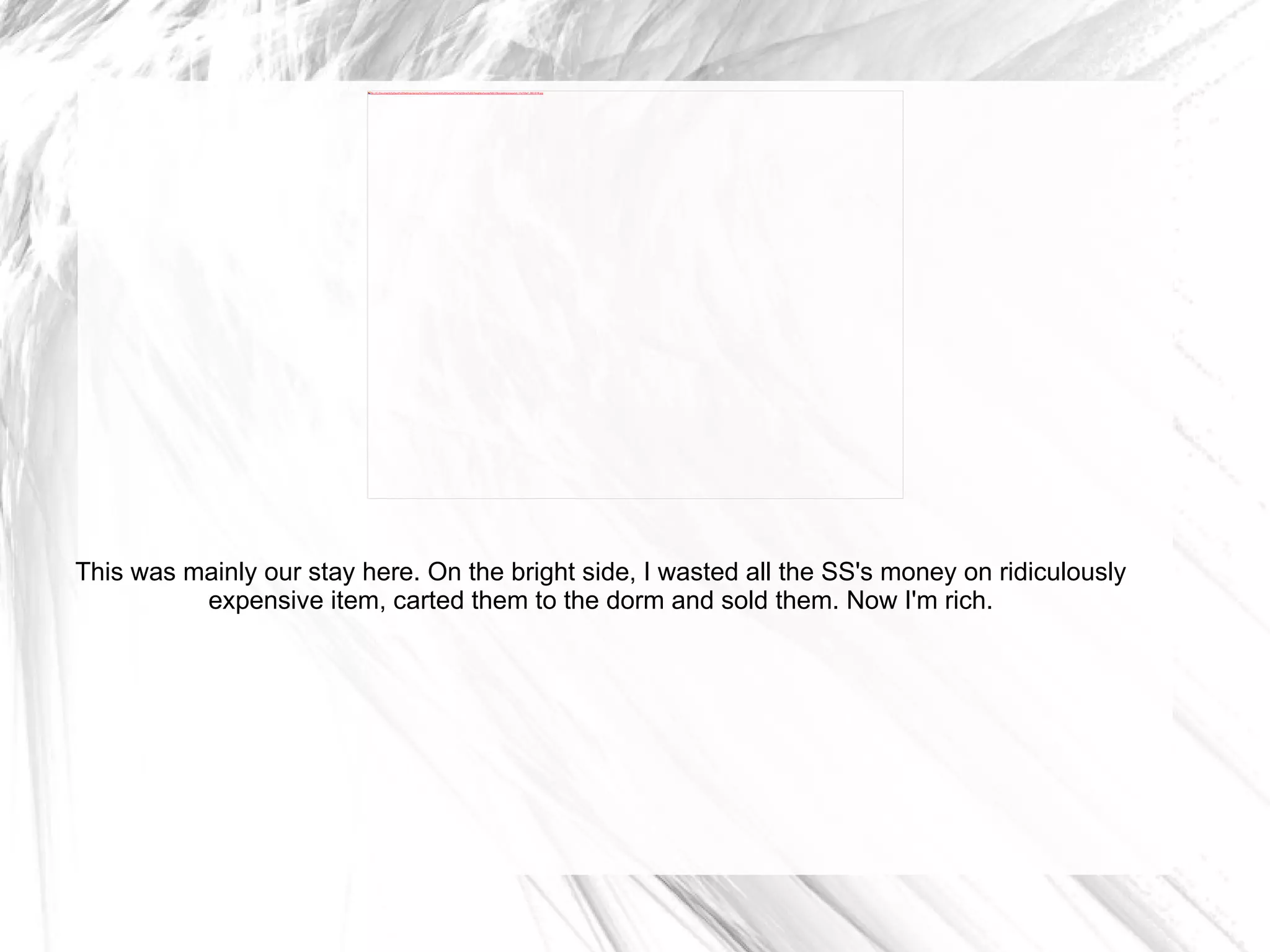 This was mainly our stay here. On the bright side, I wasted all the SS's money on ridiculously expensive item, carted them to the dorm and sold them. Now I'm rich. 