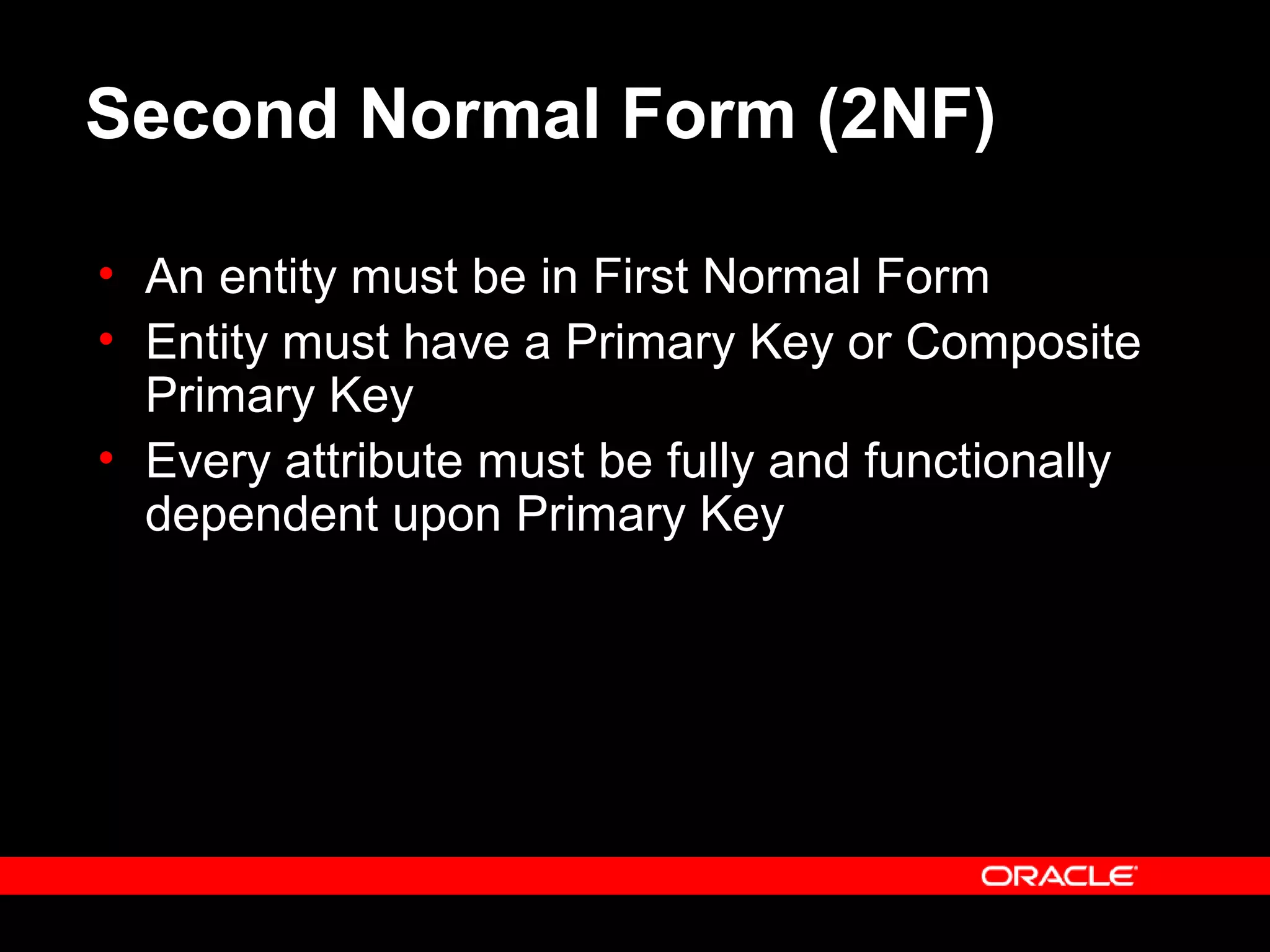 Second Normal Form (2NF)
• An entity must be in First Normal Form
• Entity must have a Primary Key or Composite
Primary Key
• Every attribute must be fully and functionally
dependent upon Primary Key
 