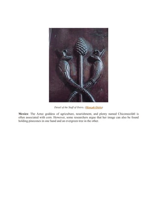 Detail of the Staff of Osiris. (Mynzah Osiris)
Mexico: The Aztec goddess of agriculture, nourishment, and plenty named Chicomecōātl is
often associated with corn. However, some researchers argue that her image can also be found
holding pinecones in one hand and an evergreen tree in the other.
 