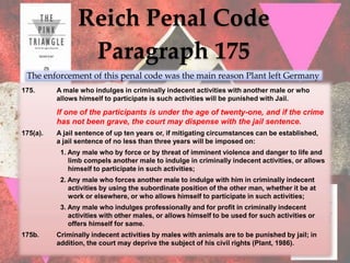 Reich Penal Code
                 Paragraph 175
 The enforcement of this penal code was the main reason Plant left Germany
175.      A male who indulges in criminally indecent activities with another male or who
          allows himself to participate is such activities will be punished with Jail.

          If one of the participants is under the age of twenty-one, and if the crime
          has not been grave, the court may dispense with the jail sentence.
175(a).   A jail sentence of up ten years or, if mitigating circumstances can be established,
          a jail sentence of no less than three years will be imposed on:
           1. Any male who by force or by threat of imminent violence and danger to life and
              limb compels another male to indulge in criminally indecent activities, or allows
              himself to participate in such activities;
           2. Any male who forces another male to indulge with him in criminally indecent
              activities by using the subordinate position of the other man, whether it be at
              work or elsewhere, or who allows himself to participate in such activities;
           3. Any male who indulges professionally and for profit in criminally indecent
              activities with other males, or allows himself to be used for such activities or
              offers himself for same.
175b.     Criminally indecent activities by males with animals are to be punished by jail; in
          addition, the court may deprive the subject of his civil rights (Plant, 1986).
 