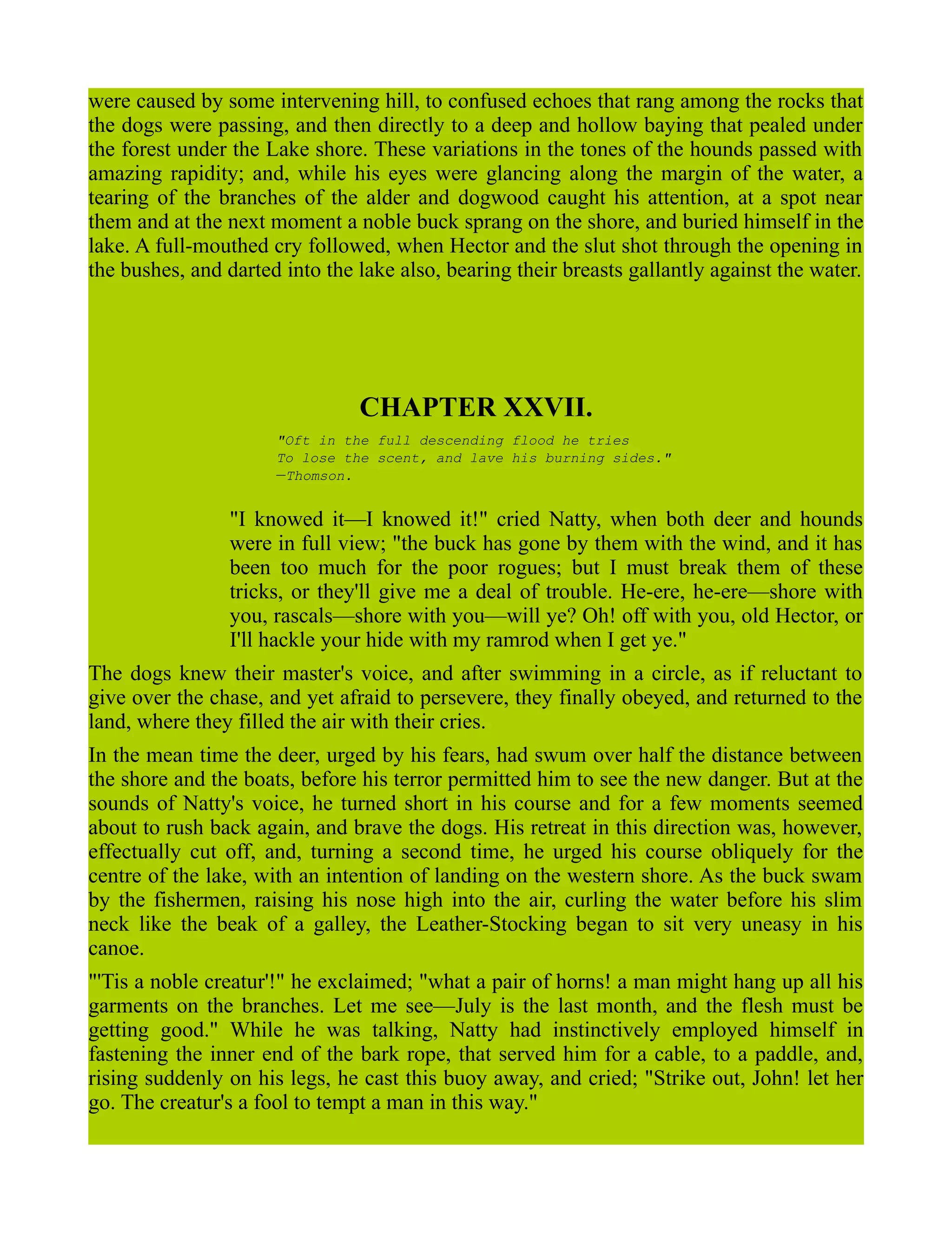 were caused by some intervening hill, to confused echoes that rang among the rocks that
the dogs were passing, and then directly to a deep and hollow baying that pealed under
the forest under the Lake shore. These variations in the tones of the hounds passed with
amazing rapidity; and, while his eyes were glancing along the margin of the water, a
tearing of the branches of the alder and dogwood caught his attention, at a spot near
them and at the next moment a noble buck sprang on the shore, and buried himself in the
lake. A full-mouthed cry followed, when Hector and the slut shot through the opening in
the bushes, and darted into the lake also, bearing their breasts gallantly against the water.
CHAPTER XXVII.
"Oft in the full descending flood he tries
To lose the scent, and lave his burning sides."
—Thomson.
"I knowed it—I knowed it!" cried Natty, when both deer and hounds
were in full view; "the buck has gone by them with the wind, and it has
been too much for the poor rogues; but I must break them of these
tricks, or they'll give me a deal of trouble. He-ere, he-ere—shore with
you, rascals—shore with you—will ye? Oh! off with you, old Hector, or
I'll hackle your hide with my ramrod when I get ye."
The dogs knew their master's voice, and after swimming in a circle, as if reluctant to
give over the chase, and yet afraid to persevere, they finally obeyed, and returned to the
land, where they filled the air with their cries.
In the mean time the deer, urged by his fears, had swum over half the distance between
the shore and the boats, before his terror permitted him to see the new danger. But at the
sounds of Natty's voice, he turned short in his course and for a few moments seemed
about to rush back again, and brave the dogs. His retreat in this direction was, however,
effectually cut off, and, turning a second time, he urged his course obliquely for the
centre of the lake, with an intention of landing on the western shore. As the buck swam
by the fishermen, raising his nose high into the air, curling the water before his slim
neck like the beak of a galley, the Leather-Stocking began to sit very uneasy in his
canoe.
"'Tis a noble creatur'!" he exclaimed; "what a pair of horns! a man might hang up all his
garments on the branches. Let me see—July is the last month, and the flesh must be
getting good." While he was talking, Natty had instinctively employed himself in
fastening the inner end of the bark rope, that served him for a cable, to a paddle, and,
rising suddenly on his legs, he cast this buoy away, and cried; "Strike out, John! let her
go. The creatur's a fool to tempt a man in this way."
 
