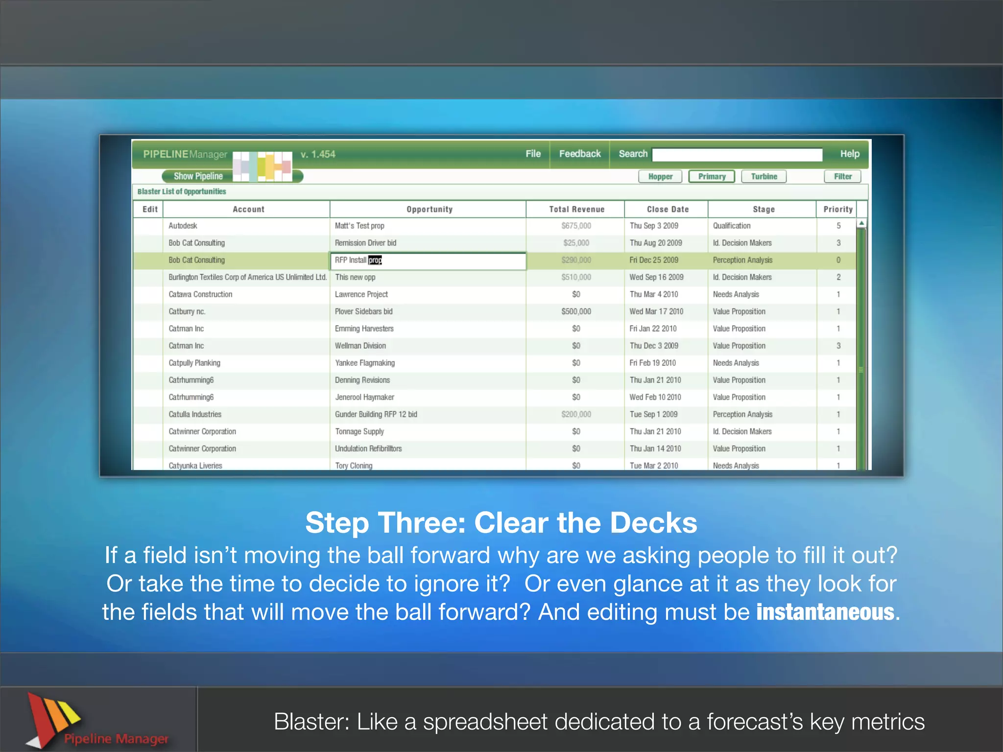 Step Three: Clear the Decks
If a ﬁeld isn’t moving the ball forward why are we asking people to ﬁll it out?
 Or take the time to decide to ignore it? Or even glance at it as they look for
the ﬁelds that will move the ball forward? And editing must be instantaneous.



                Blaster: Like a spreadsheet dedicated to a forecast’s key metrics
 