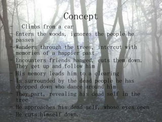Concept-   Climbs from a carEnters the woods, ignores the people he passes