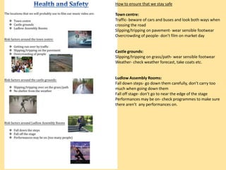How to ensure that we stay safe

Town centre:
Traffic- beware of cars and buses and look both ways when
crossing the road
Slipping/tripping on pavement- wear sensible footwear
Overcrowding of people- don’t film on market day


Castle grounds:
Slipping/tripping on grass/path- wear sensible footwear
Weather- check weather forecast, take coats etc.


Ludlow Assembly Rooms:
Fall down steps- go down them carefully, don’t carry too
much when going down them
Fall off stage- don’t go to near the edge of the stage
Performances may be on- check programmes to make sure
there aren’t any performances on.
 
