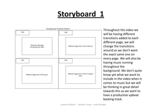 Storyboard  1
Leeanne Hibbert    Heather Lomas   Lewis Bradley
Throughout the video we 
will be having different 
transitions added to each 
different page, we will 
change the transitions 
around as we don't want 
the exact same one on 
every page. We will also be 
having music running 
throughout the 
background. We don't quite 
know yet what we want to 
include in the video when it 
comes to music but we will 
be thinking in great detail 
towards this as we want to 
have a productive upbeat 
backing track.
 